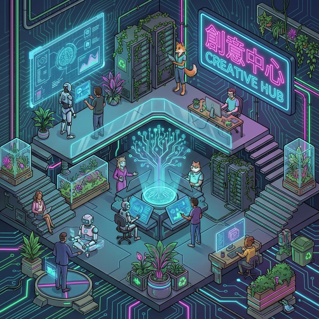 Creators collaborating in a futuristic workspace